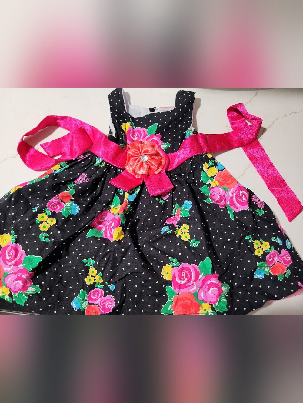 Girls Black Polka Dot Floral Dress with Pink Sash